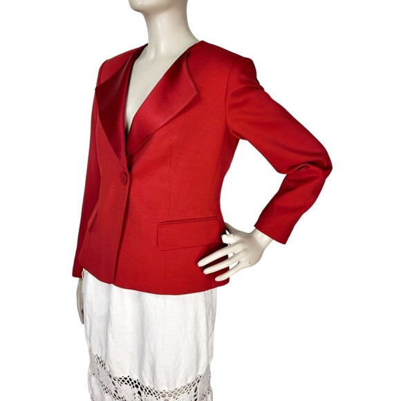 Anne Klein Red Satin Trim Single Button Business Office Suit Blazer Jacket 8P - Picture 3 of 7